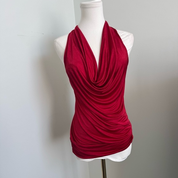 Y2K Red Halter Drape Top w/ Silver Ring Back | Retro Clubwear Tank goth glam M - Picture 2 of 6